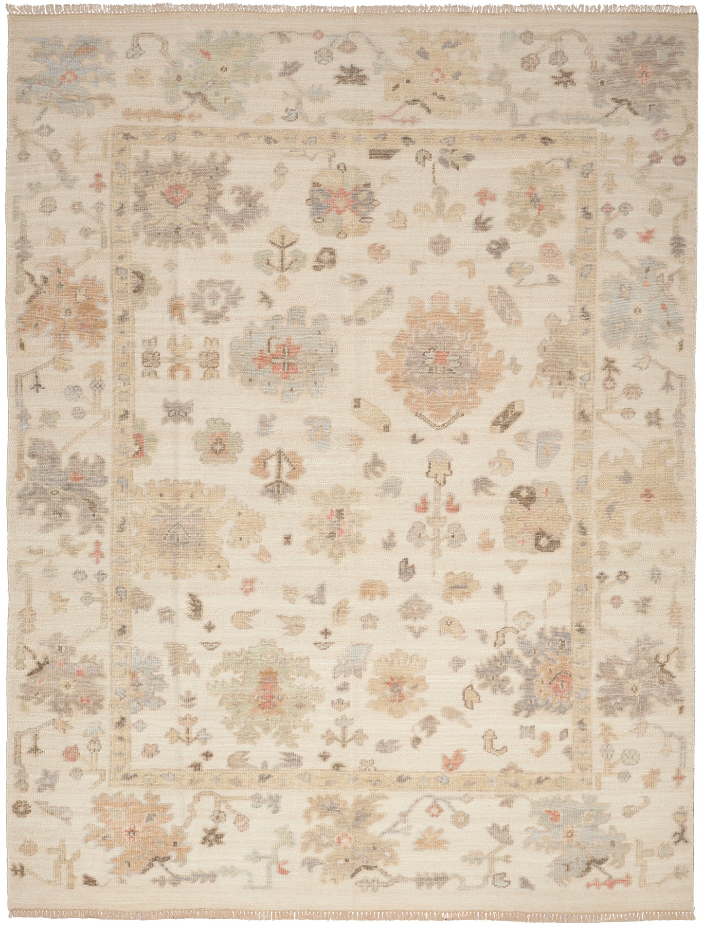Cream area rug with pastel floral motifs and beige border; traditional Persian-inspired design, soft and decorative.