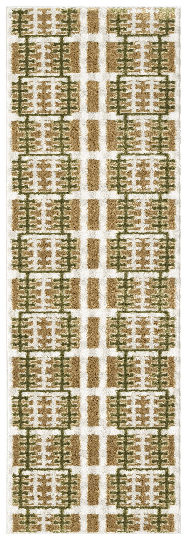 Narrow rug with tan blocks and green lattice frames on a white ivory background; geometric modern tribal pattern