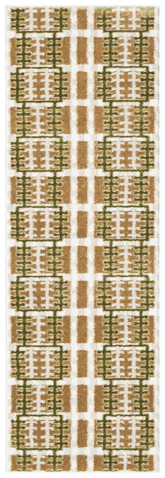 Narrow rug with tan blocks and green lattice frames on a white ivory background; geometric modern tribal pattern
