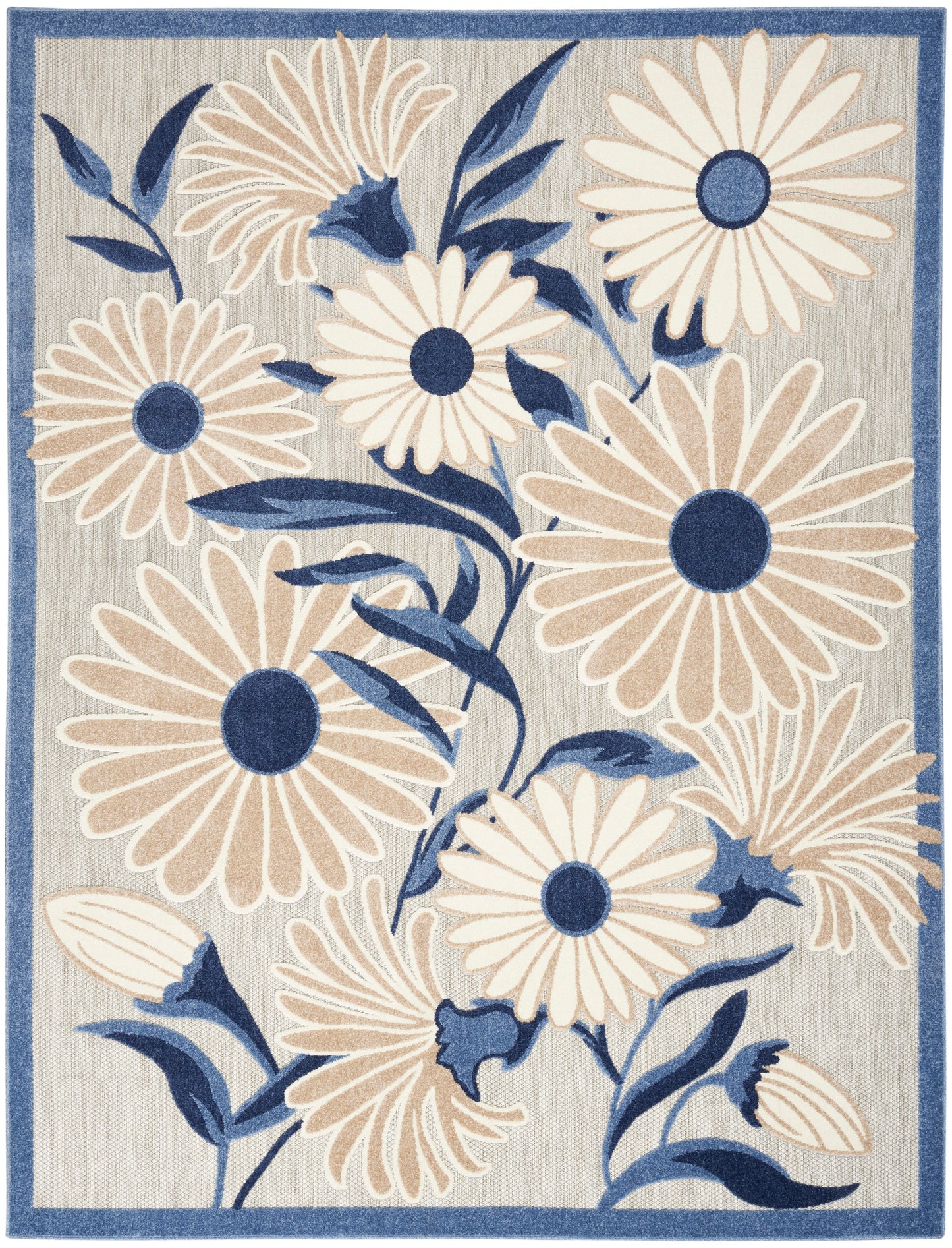 Woven floral area rug with cream daisies, navy centers and blue leaves on a light linen background, blue border.