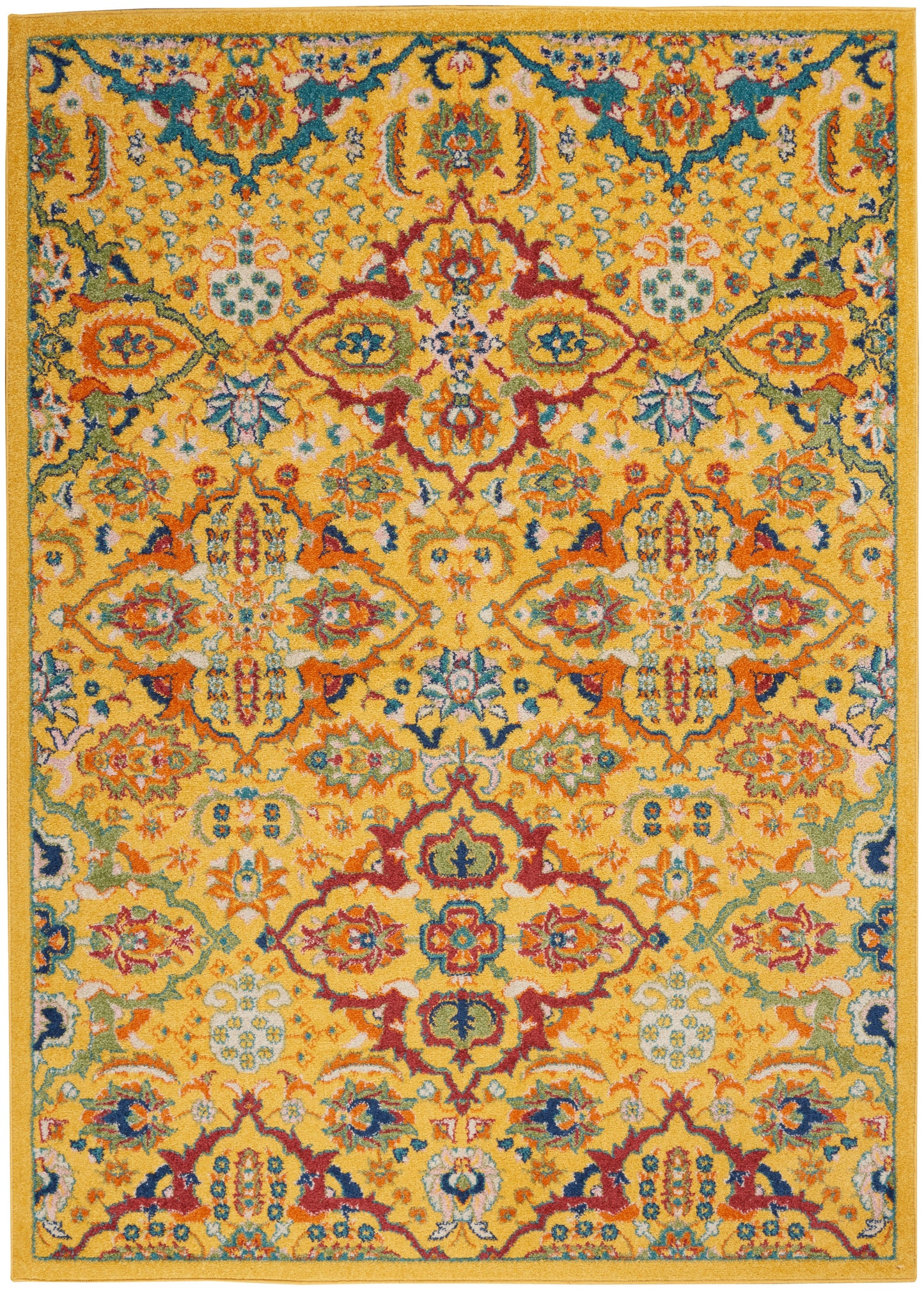 Rectangular oriental rug with a golden yellow field, vibrant floral medallions in red, teal, blue and green.