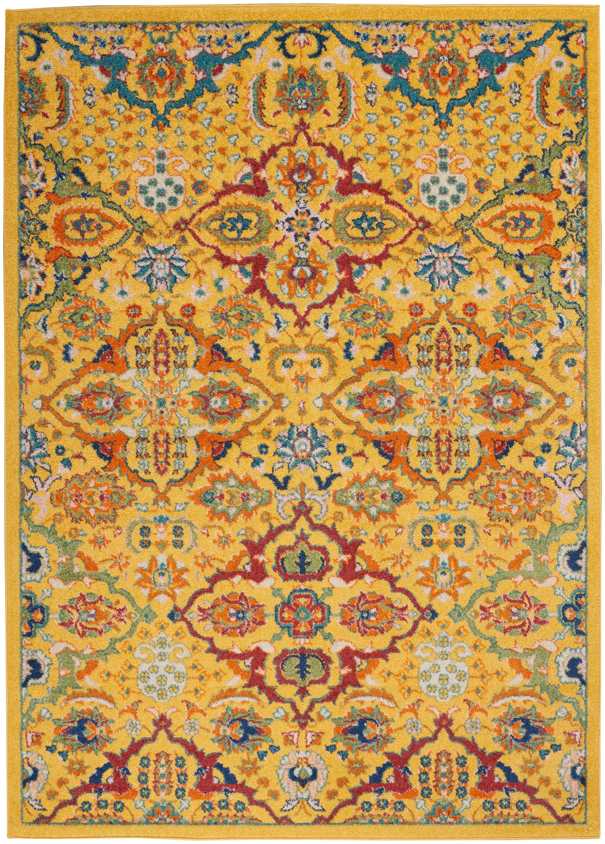 Rectangular oriental rug with a golden yellow field, vibrant floral medallions in red, teal, blue and green.