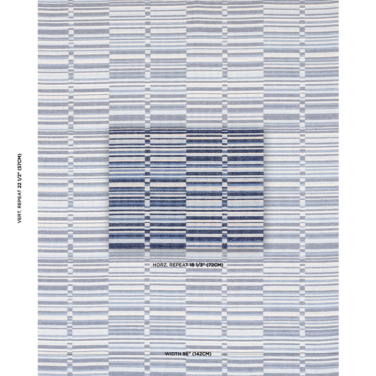 Blue striped woven textile with a darker blue central square; pale blue and white horizontal bands form a geometric rug-like pattern.