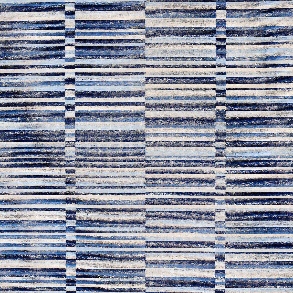 Blue and navy striped woven rug with plaid grid pattern, durable textile for floor decor.