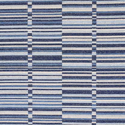 Blue and navy striped woven rug with plaid grid pattern, durable textile for floor decor.