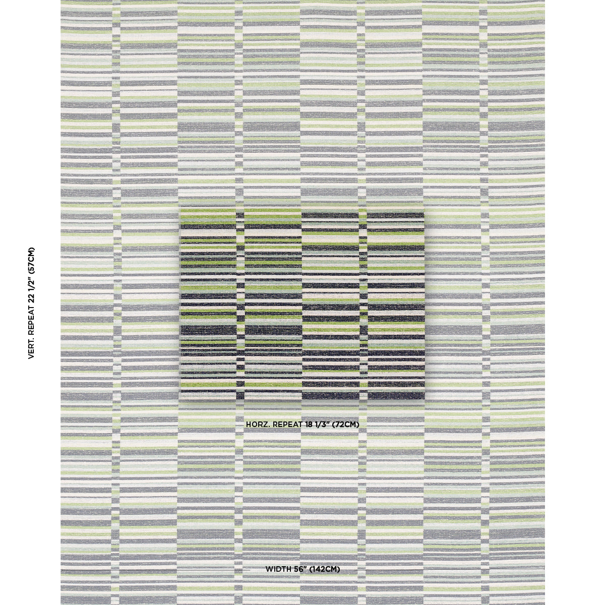 Textile swatch with pale green, gray and yellow horizontal stripes; central dark striped square motif and repeat notes.