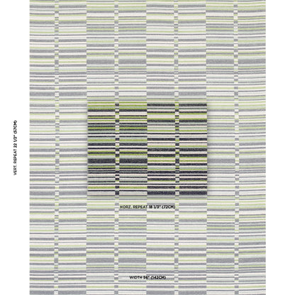 Textile swatch with pale green, gray and yellow horizontal stripes; central dark striped square motif and repeat notes.