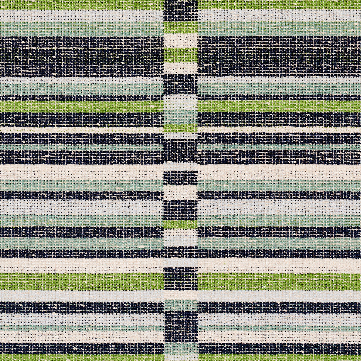 Woven striped fabric in navy, lime green, pale blue and white with a grid-like pattern.