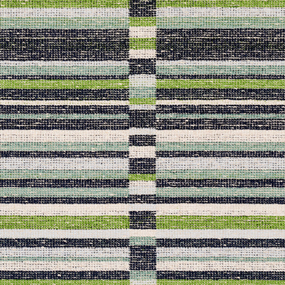 Woven striped fabric in navy, lime green, pale blue and white with a grid-like pattern.