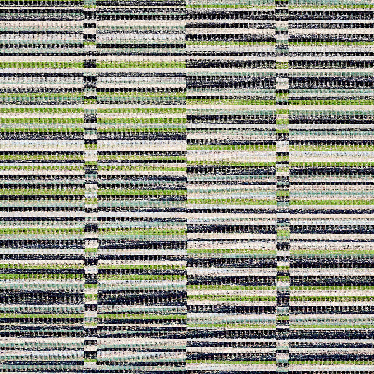 Geometric striped woven rug in black, gray, and olive green with a rectilinear grid pattern.