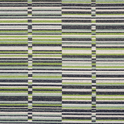 Geometric striped woven rug in black, gray, and olive green with a rectilinear grid pattern.