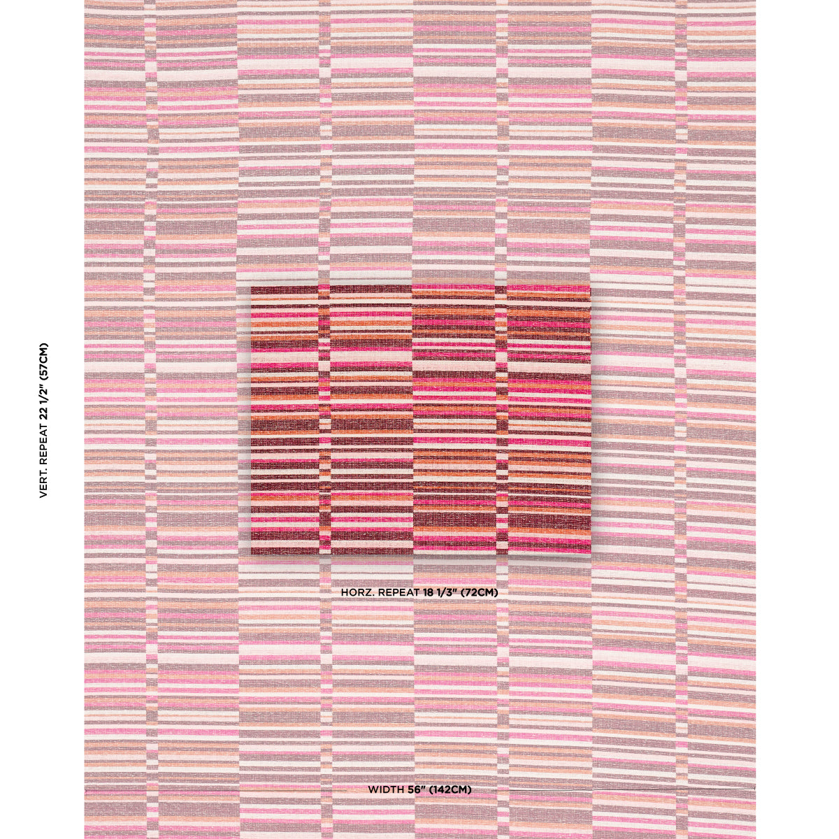 Pink, peach and brown striped fabric; woven textile with repeating horizontal bars; cozy living room accent.