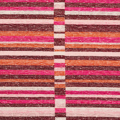 Colorful striped woven fabric with pink, magenta, orange and brown bands.