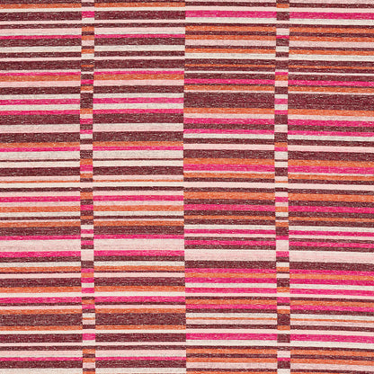 Woven striped fabric with pink, orange, brown and cream horizontal bands; textured textile for upholstery or fashion.