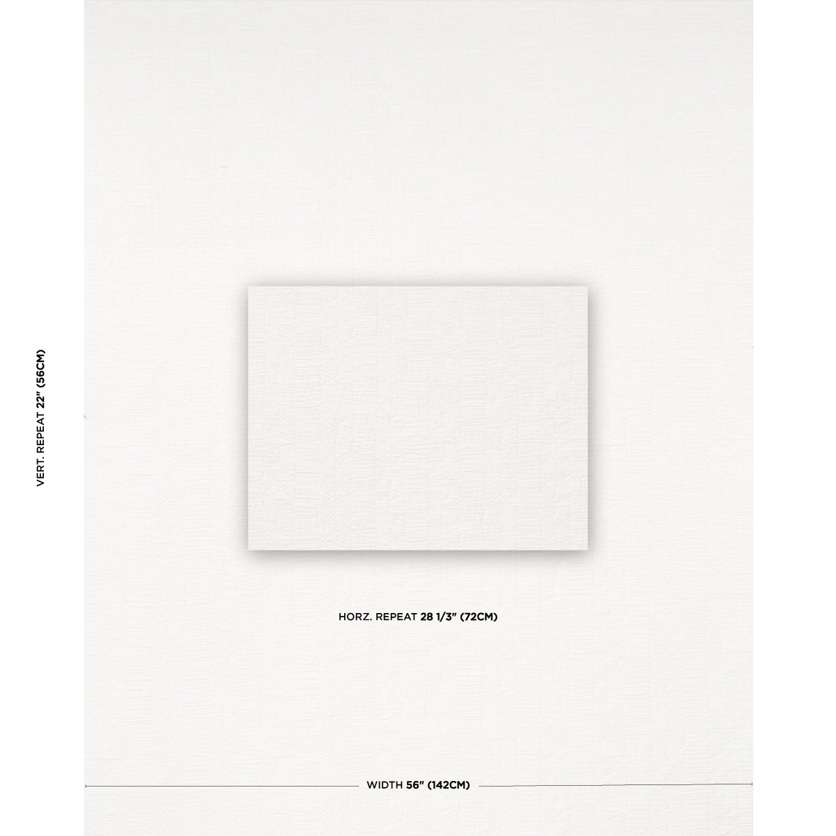 White linen-textured wallpaper sample with a centered square swatch; shows horizontal & vertical repeats and width specs.