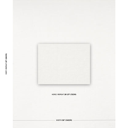 White linen-textured wallpaper sample with a centered square swatch; shows horizontal & vertical repeats and width specs.