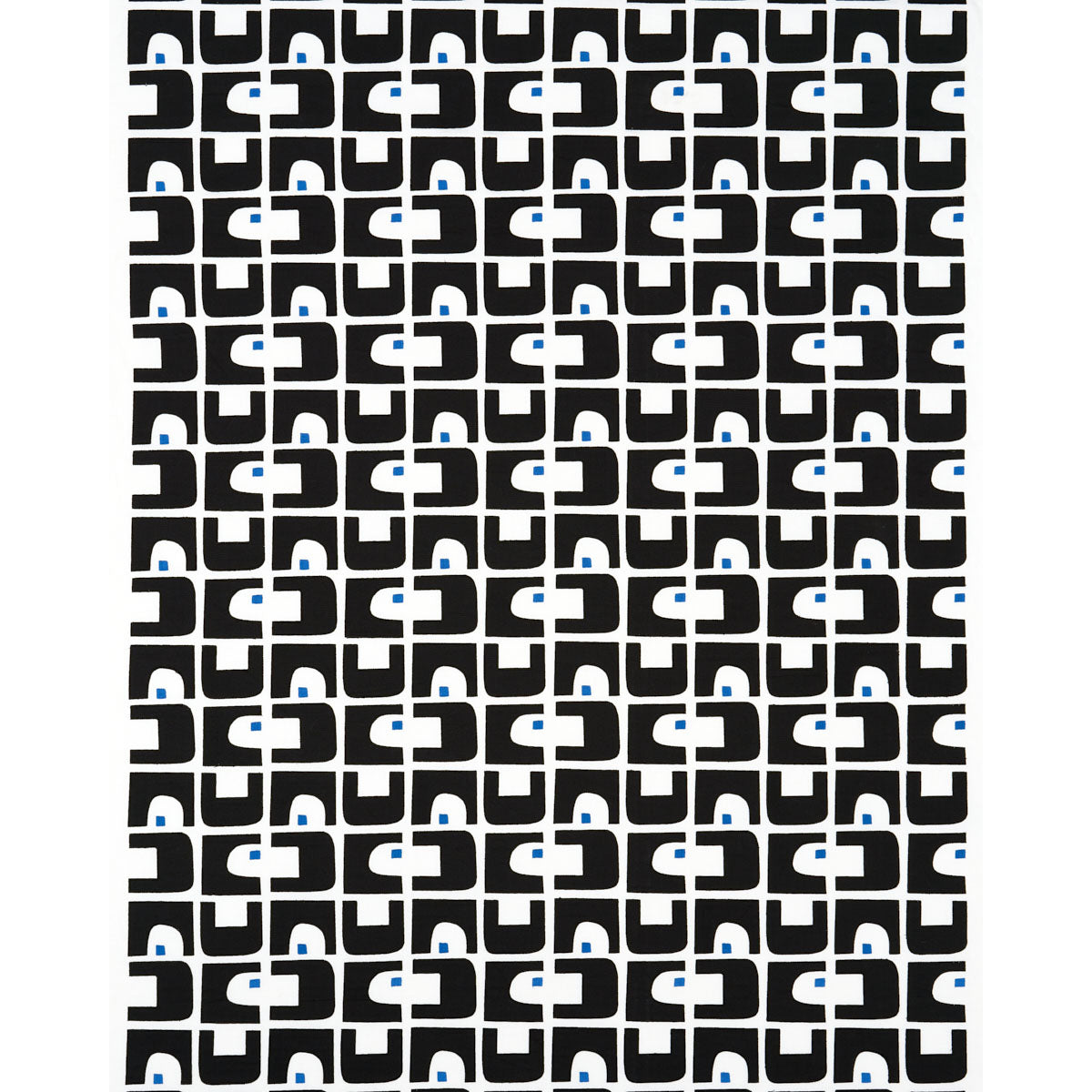 Black interlocking loop geometric pattern with small blue accents; bold tile-like print for fabric or wallpaper.