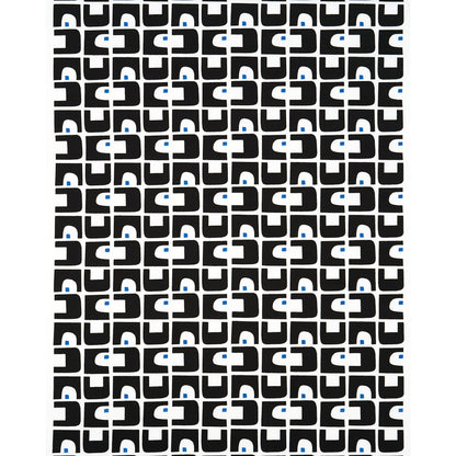 Black interlocking loop geometric pattern with small blue accents; bold tile-like print for fabric or wallpaper.