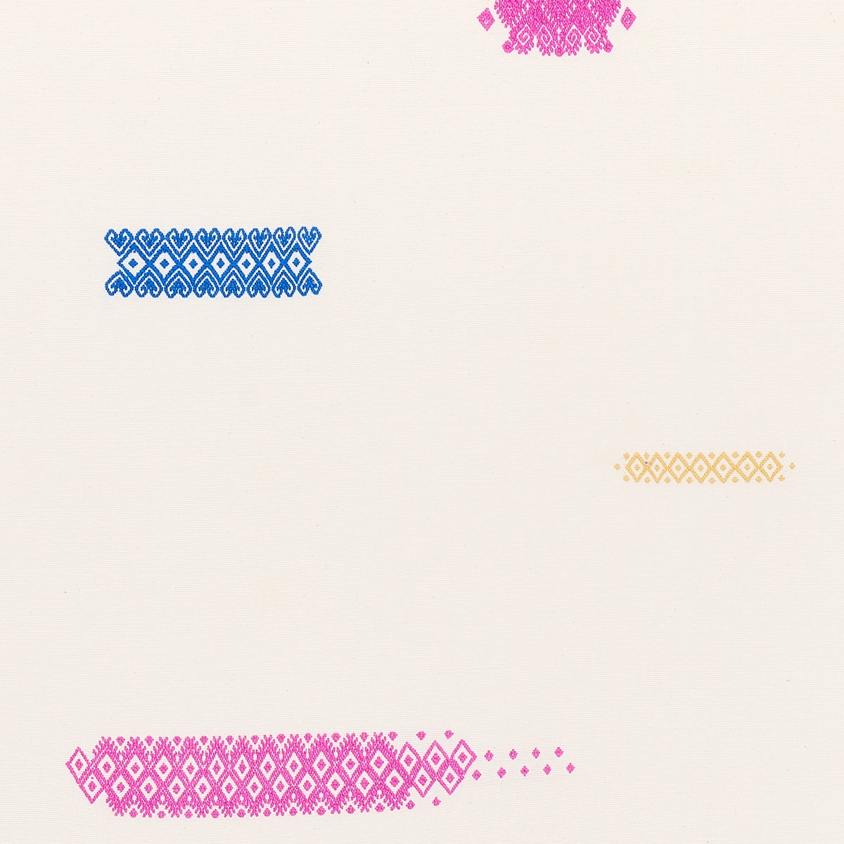 Pale cream background with decorative diamond lattice bands in blue, pink, and gold.