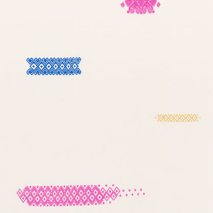 Pale cream background with decorative diamond lattice bands in blue, pink, and gold.