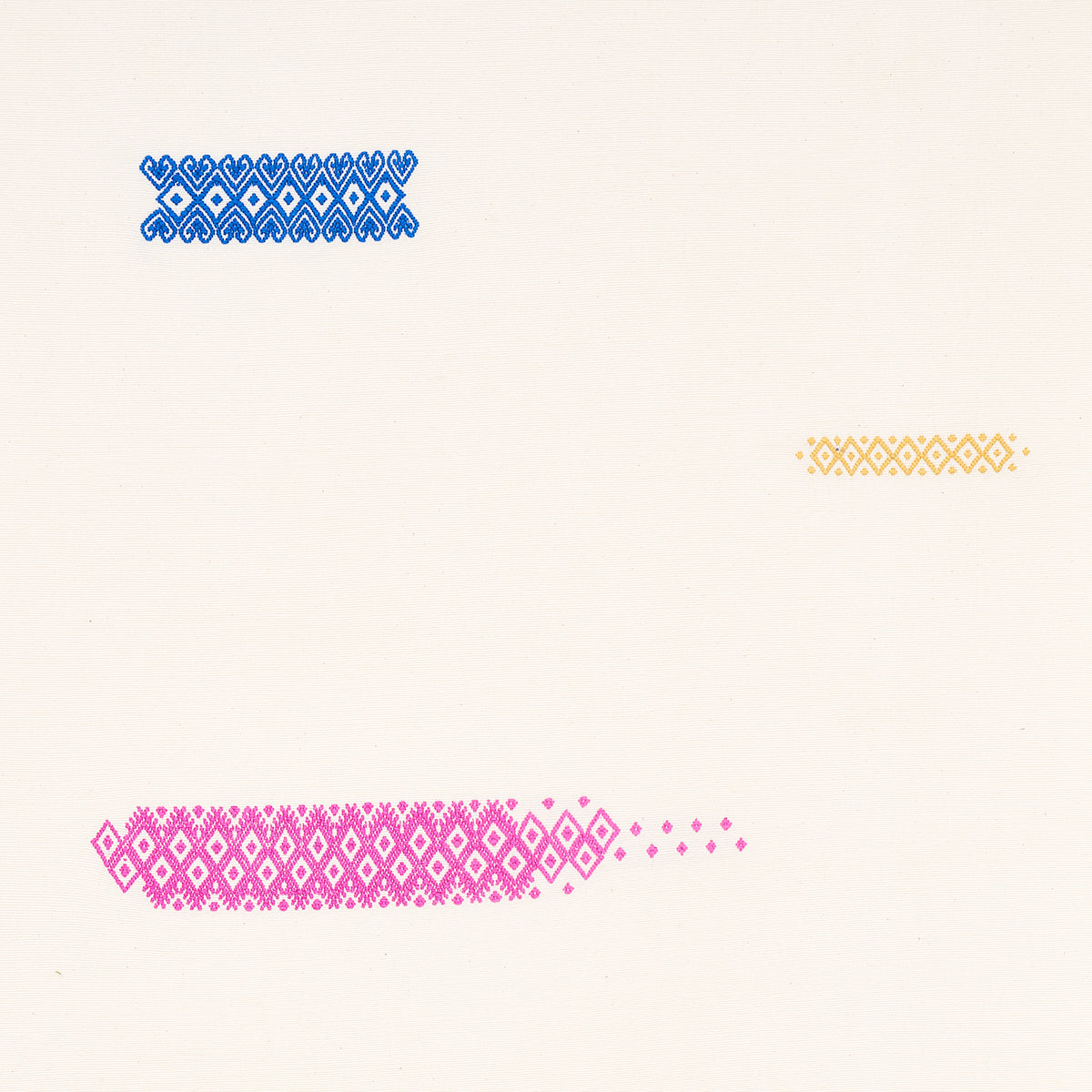Cream ivory handwoven panel with three repeating diamond bands in blue, pink and yellow