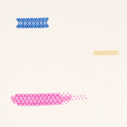 Cream ivory handwoven panel with three repeating diamond bands in blue, pink and yellow