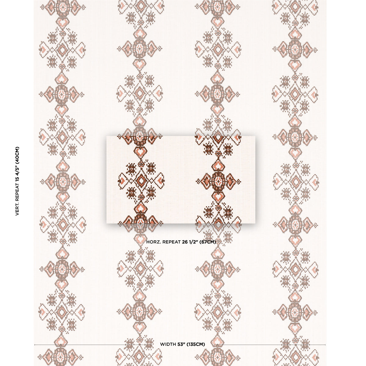 Ivory wallpaper with vertical columns of dusty pink and brown geometric floral motifs; center swatch card.