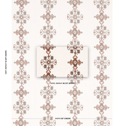 Ivory wallpaper with vertical columns of dusty pink and brown geometric floral motifs; center swatch card.
