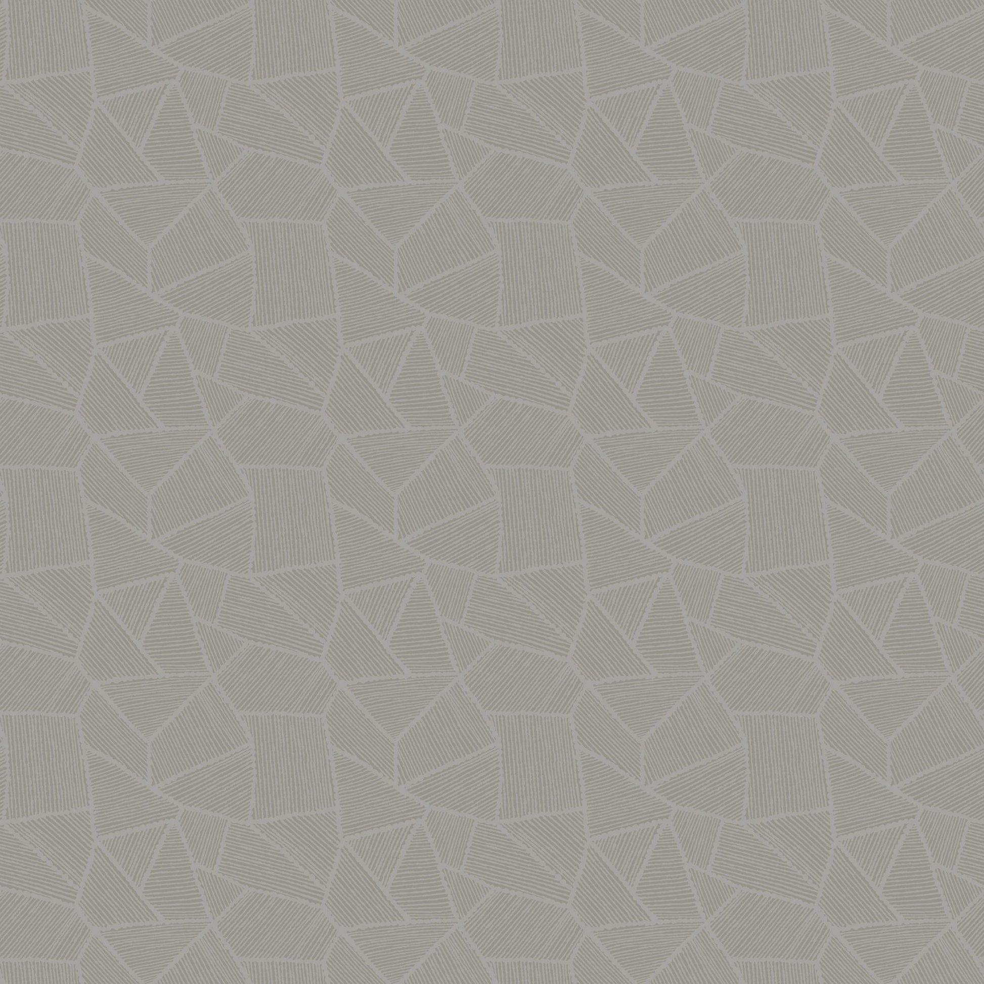 Grey geometric wallpaper with interlocking triangle shapes and fine linear texture.