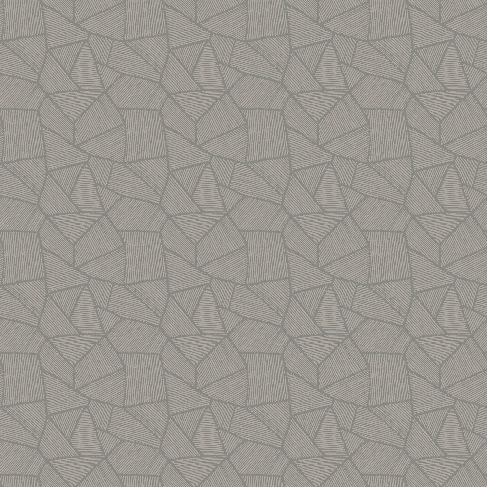 Gray-beige geometric tile pattern with irregular polygons and subtle striped shading; suitable for wallpaper or upholstery.
