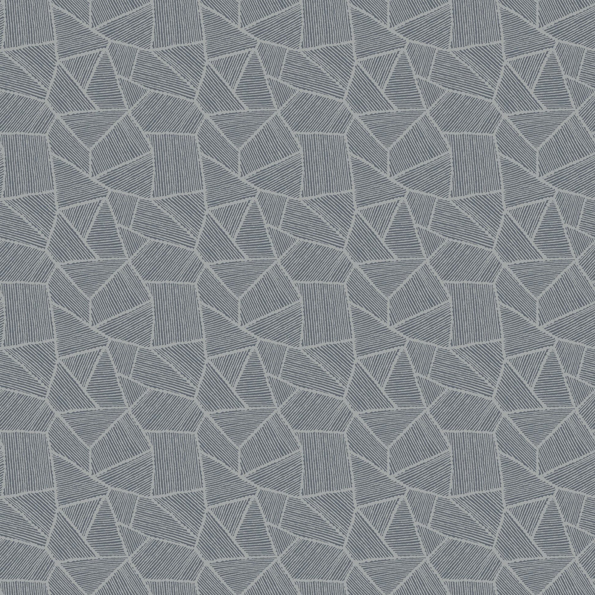 Blue-gray geometric wallpaper pattern with interlocking triangular shapes & striped fills; modern wallpaper design.
