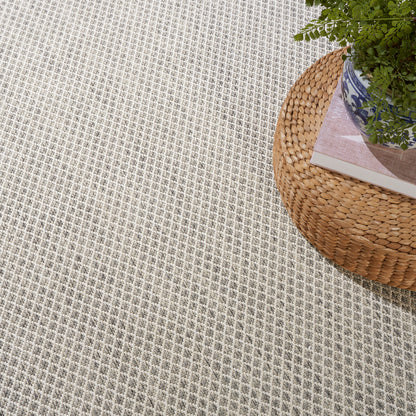 Beige woven rug with tiny grey diamond pattern; round rattan ottoman topped with a magazine and a green plant.