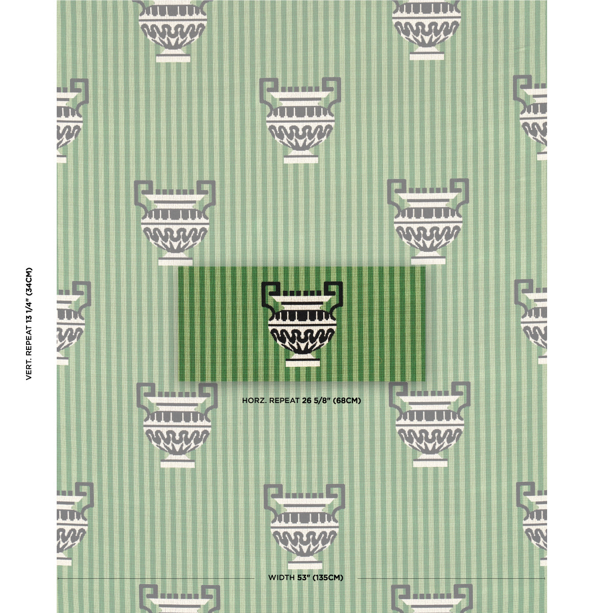 Mint-green striped wallpaper with white/gray urn motifs; sample shows repeat pattern and a darker center swatch.