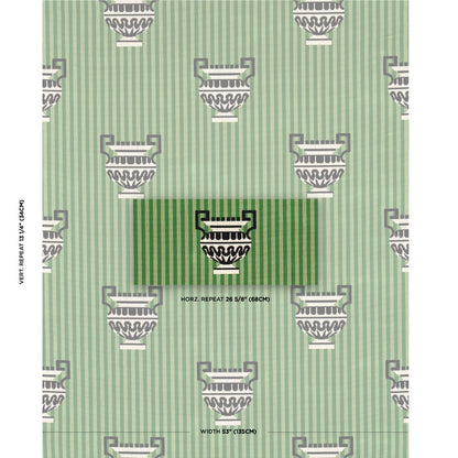 Mint-green striped wallpaper with white/gray urn motifs; sample shows repeat pattern and a darker center swatch.