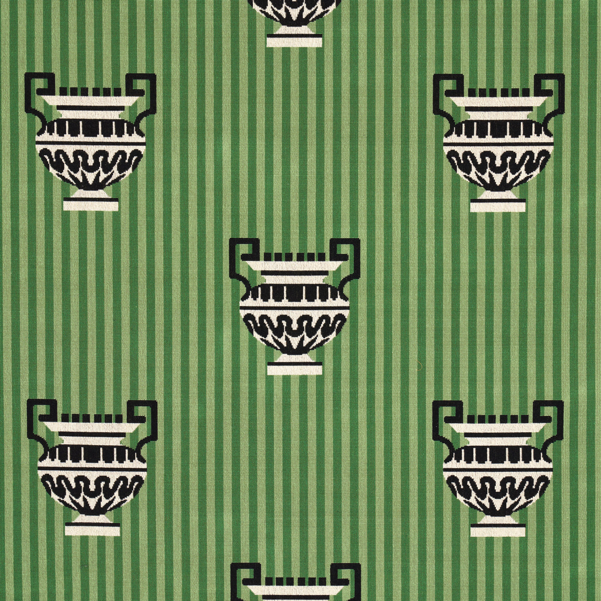 Patterned green striped background with repeating black-and-white urn silhouettes on pedestals.