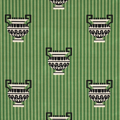 Patterned green striped background with repeating black-and-white urn silhouettes on pedestals.
