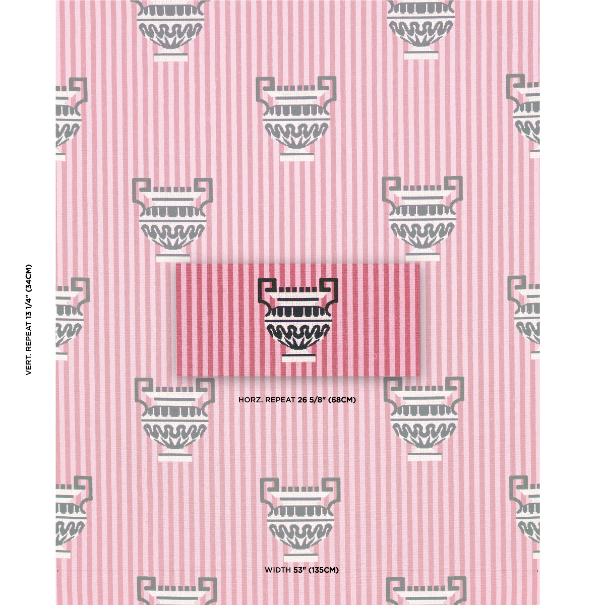 Pink striped wallpaper with repeating grey urn/crest motif; center swatch shows pattern repeat, classical damask style.