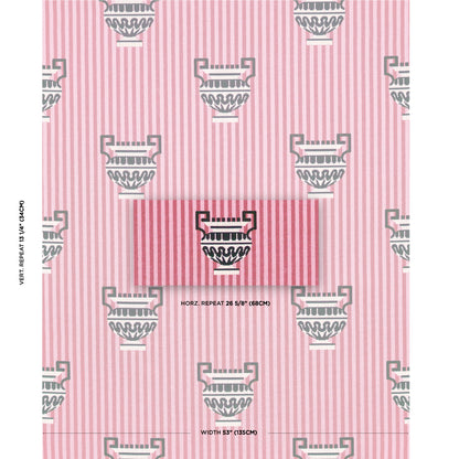 Pink striped wallpaper with repeating grey urn/crest motif; center swatch shows pattern repeat, classical damask style.
