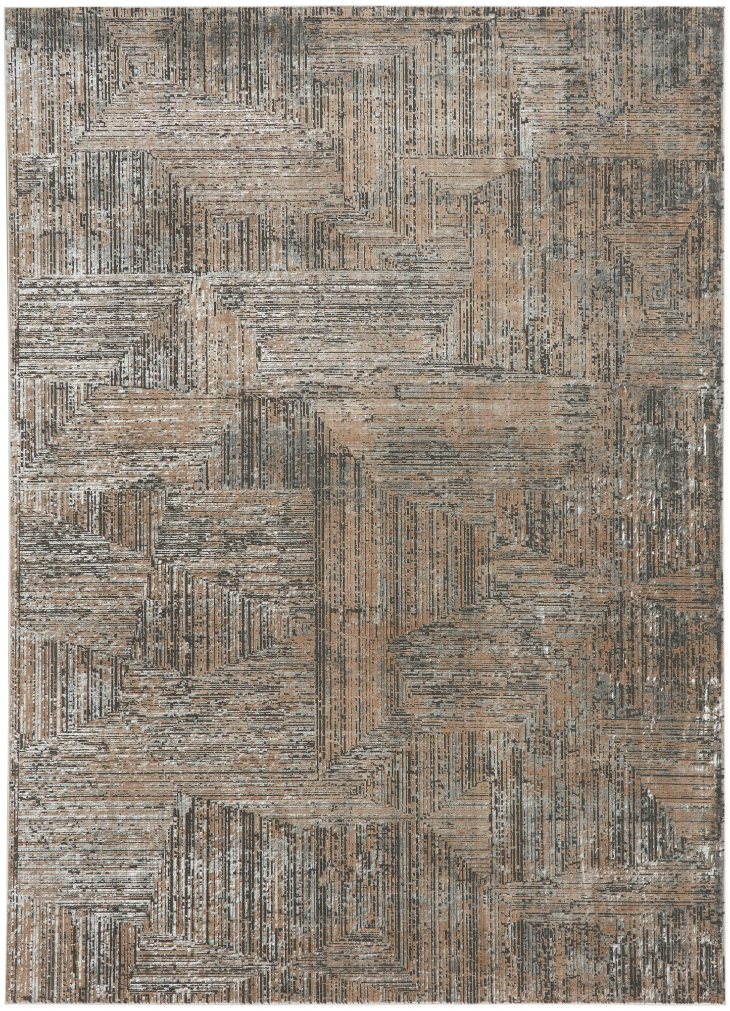 Rectangular distressed geometric rug in taupe, beige & gray with linear, blocky patterns.