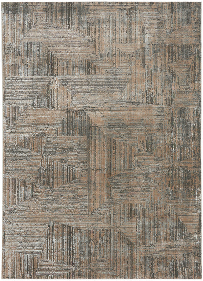 Rectangular distressed geometric rug in taupe, beige & gray with linear, blocky patterns.