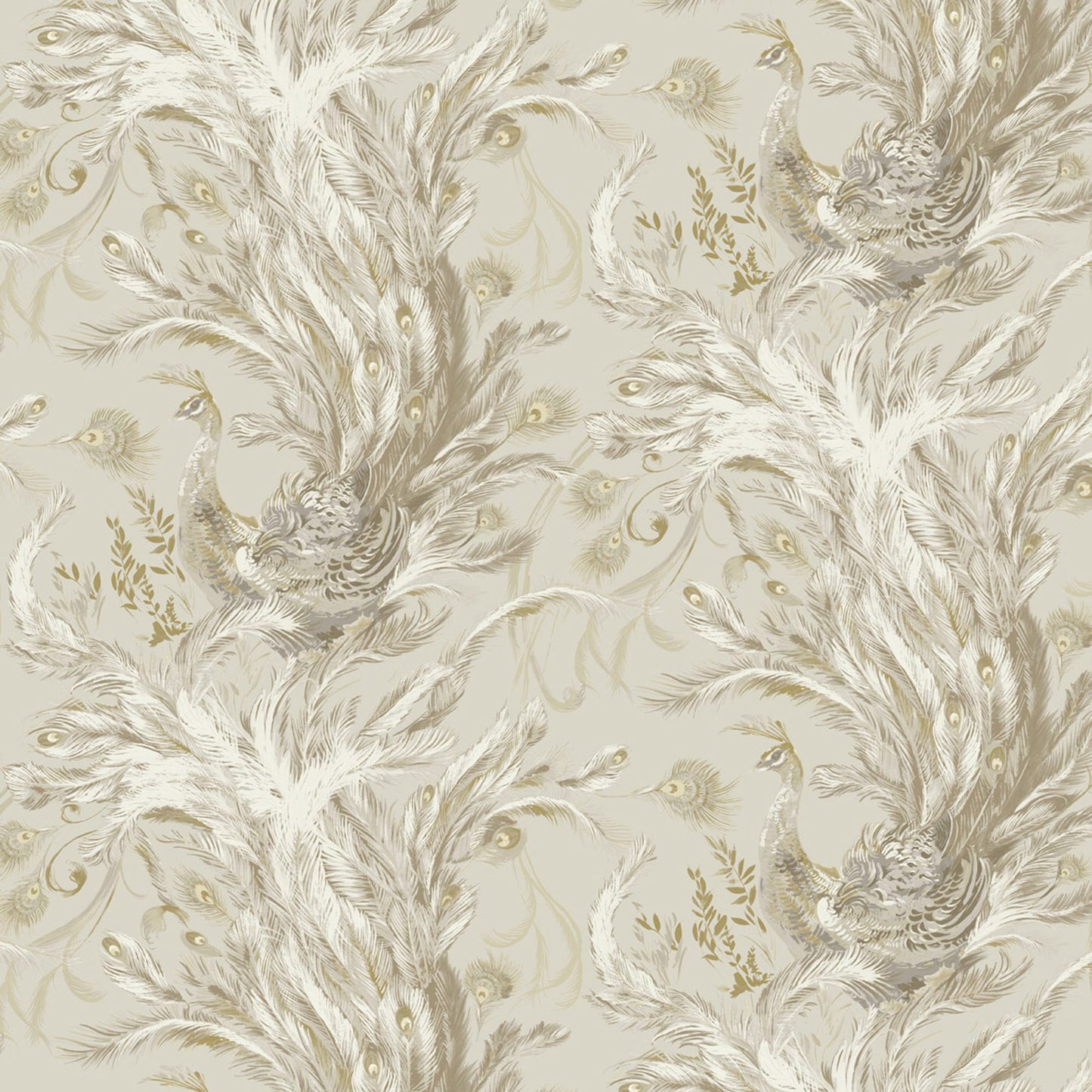 Neutral cream wallpaper with ivory peacocks, wispy feather motifs and subtle gold accents in a chinoiserie pattern.