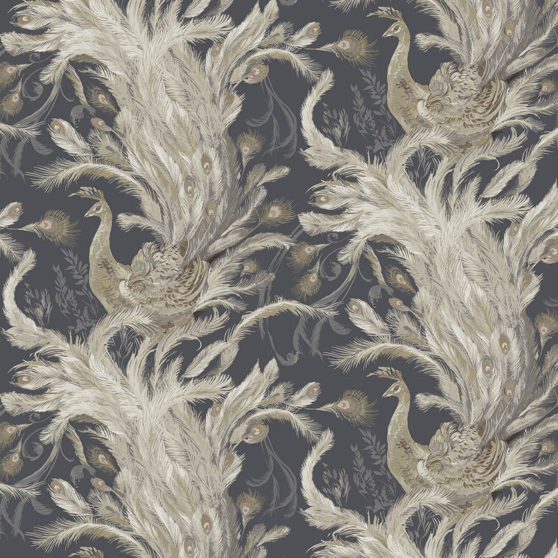 Dark gray wallpaper featuring cream peacocks with flowing feather motifs for an elegant botanical accent.