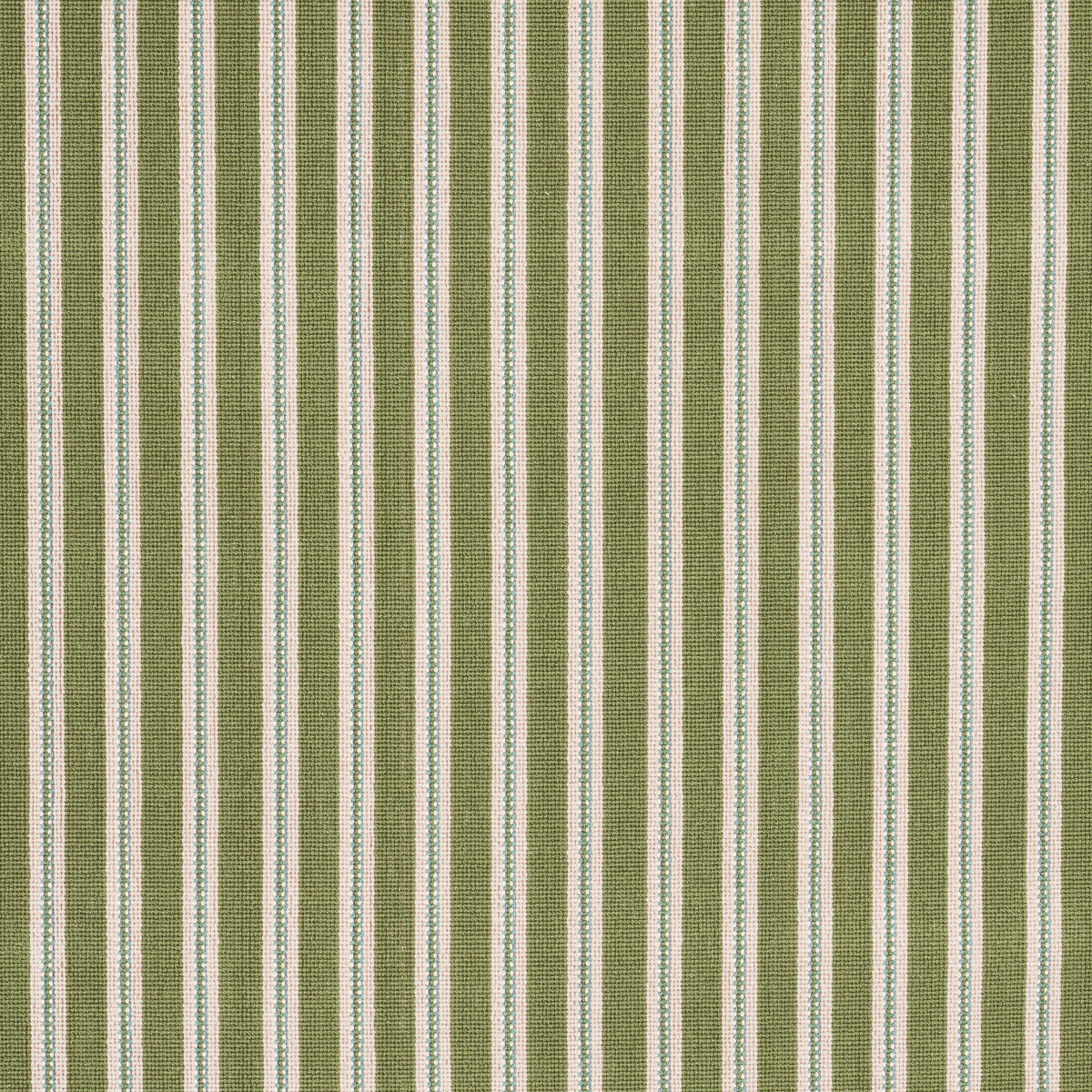 Green and beige striped fabric with alternating white lines; linen-like textile for upholstery or curtains.