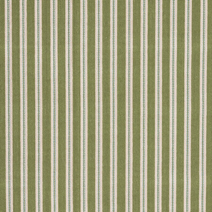 Green and beige striped fabric with alternating white lines; linen-like textile for upholstery or curtains.