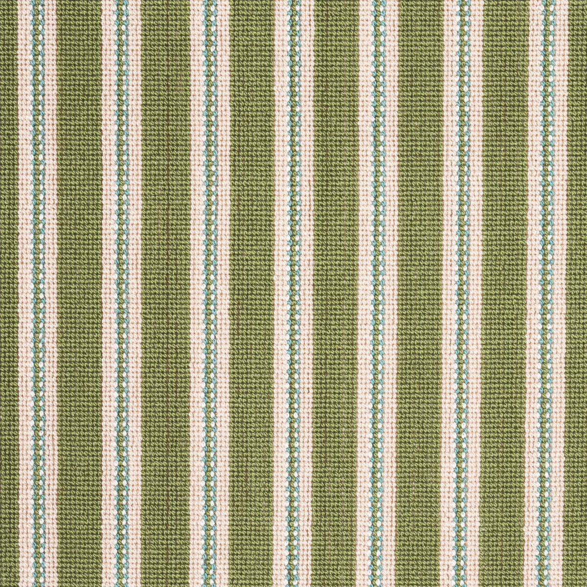Olive green striped woven fabric with wide olive bands and narrow white stripes with blue dotted accents.