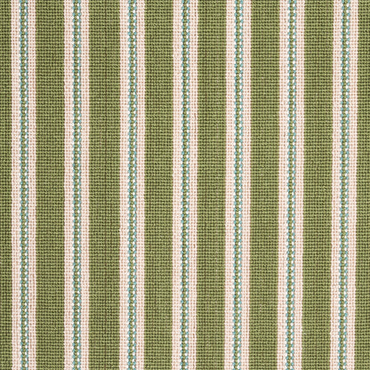 Olive green striped woven fabric with wide olive bands and narrow white stripes with blue dotted accents.