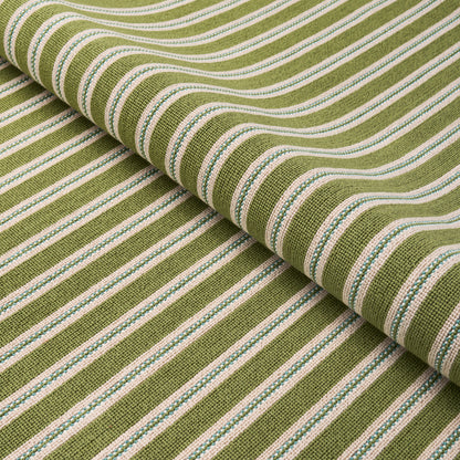 Woven olive-green fabric with white and light-blue stripes, textured, folded roll for upholstery or decor.