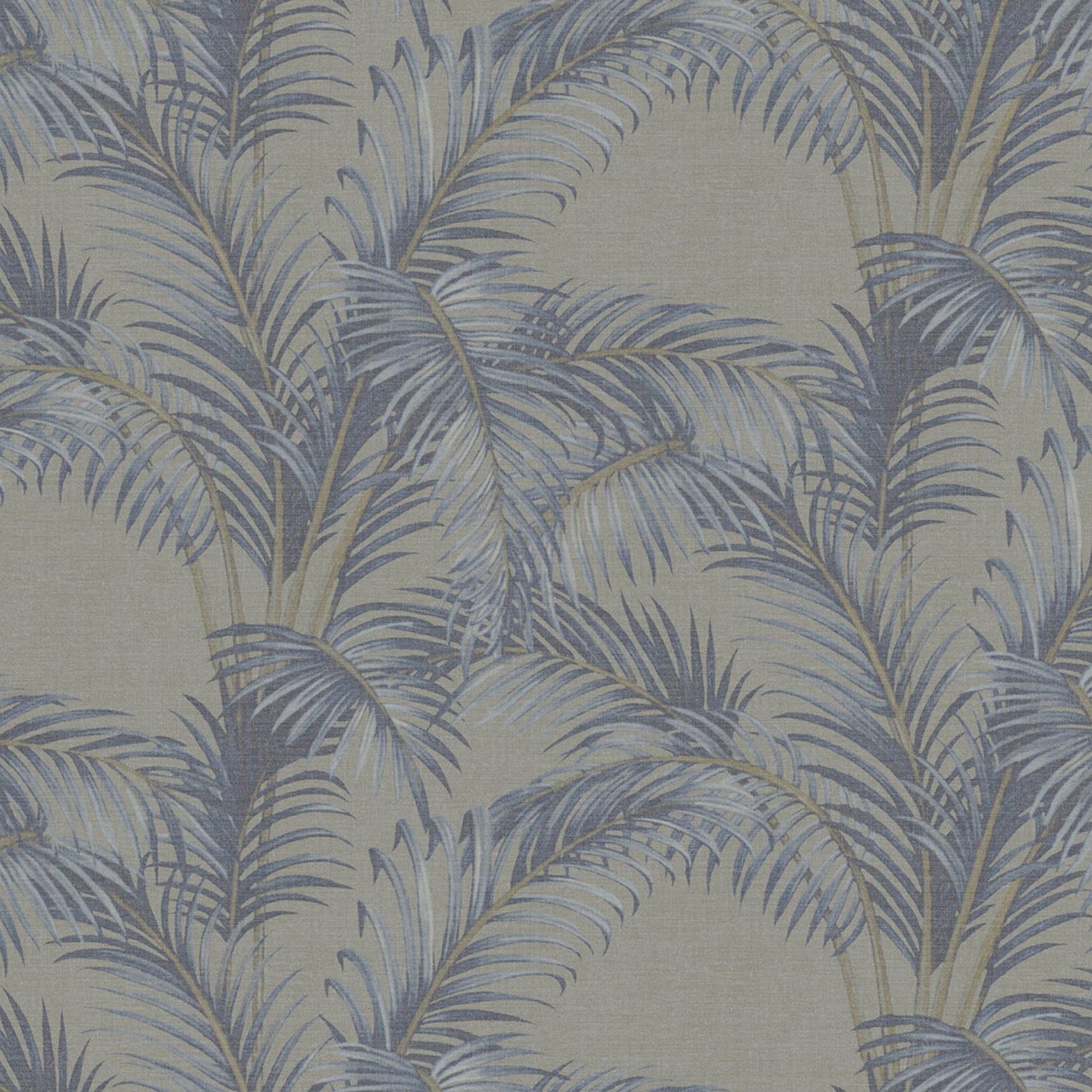 Beige linen-textured wallpaper with blue-gray palm leaf pattern for tropical wall covering.