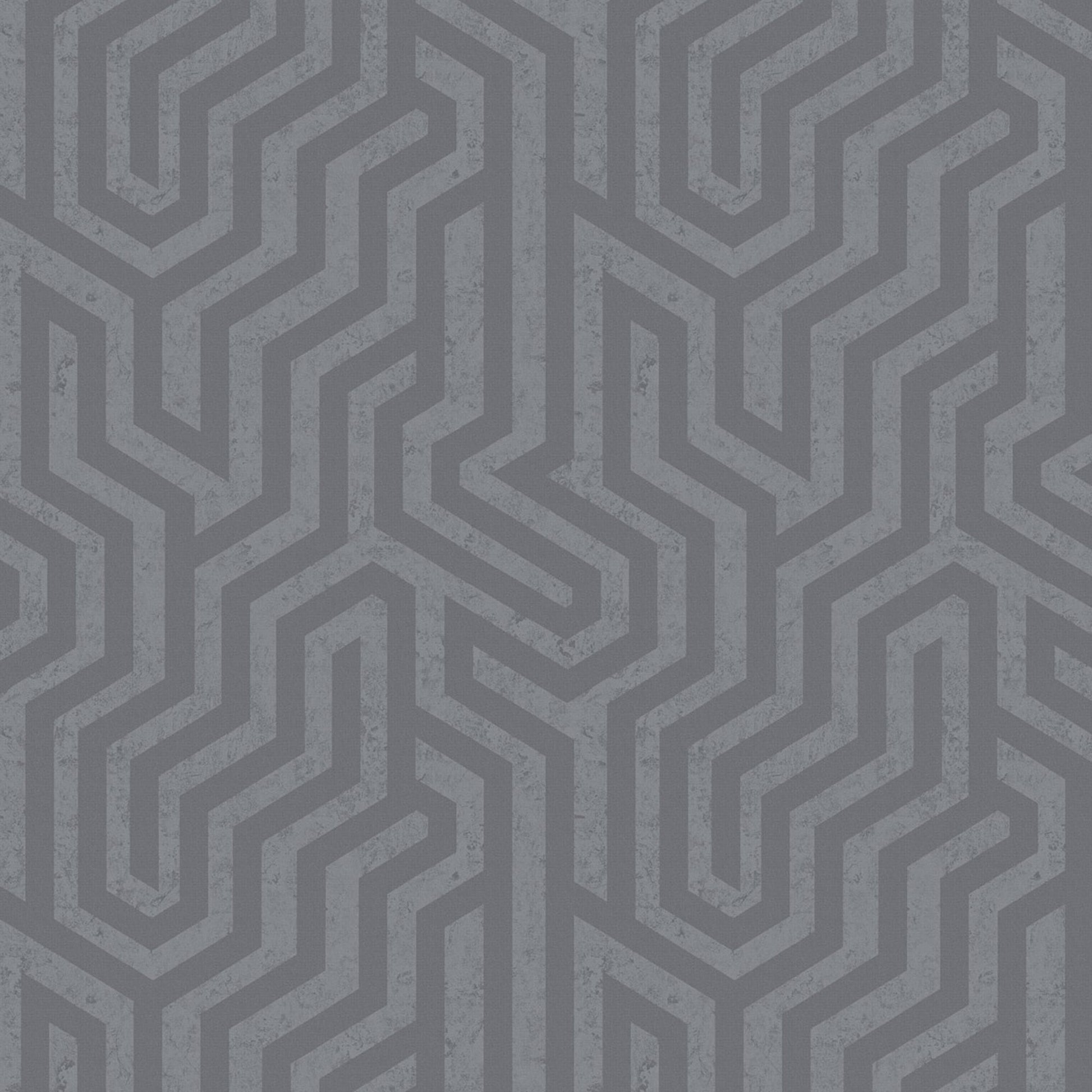 Gray geometric maze wallpaper with distressed texture and interlocking angular lines.