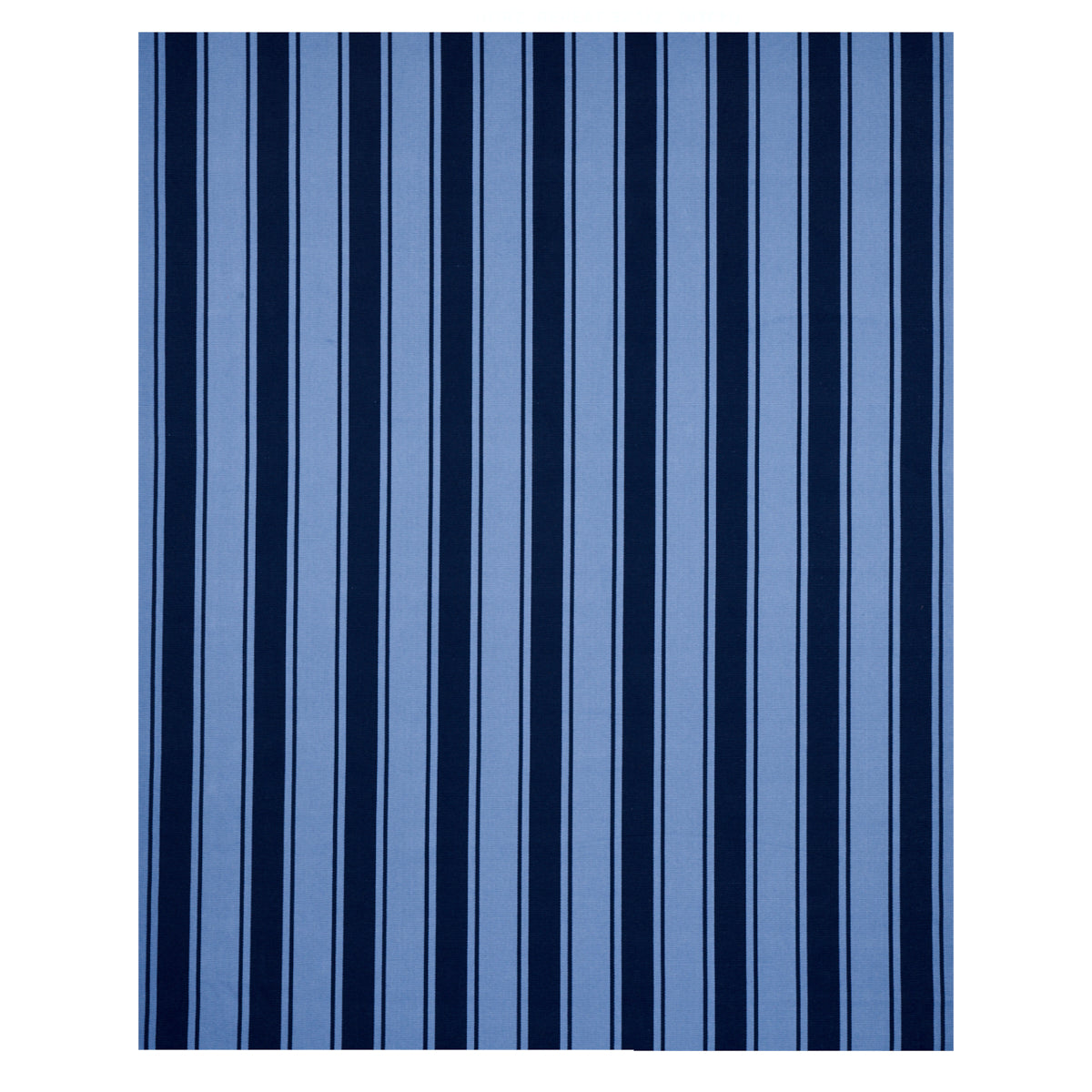 Blue striped fabric with alternating navy and light blue vertical stripes; bold geometric pattern.